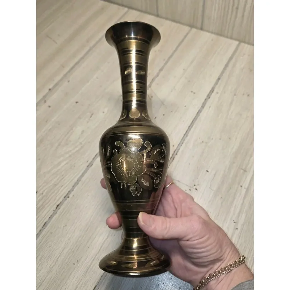 Antique Vtg Brass Hand Etched Engraved Vase Floral India Hollywood Regency 10